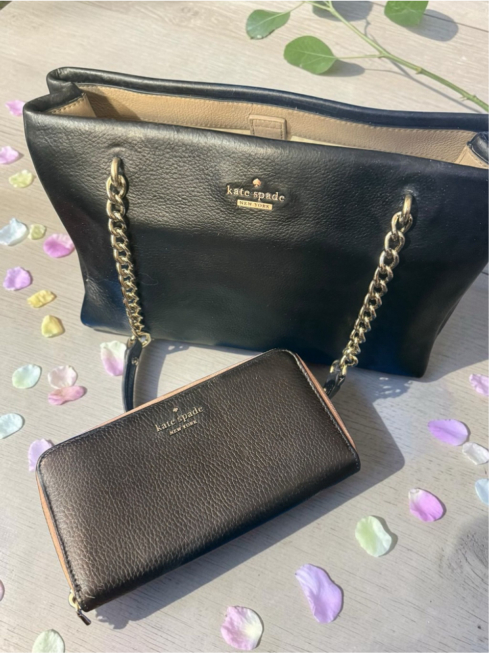 Upcycled Kate Spade Black Leather Shoulder Bag + Matching Wallet Set ✨ Hand-Dyed